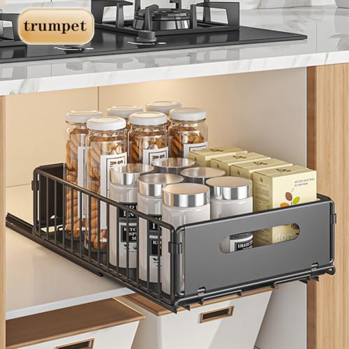 Pull Out Cabinet Organizer, Slide Out Cabinet Organizer Heavy-Duty Carbon Steel Expandable Drawer Adjustable Sliding Shelf Under Sink Rack Shelf for Kitchen Pantry Bathroom Closet - color: black small 1pc