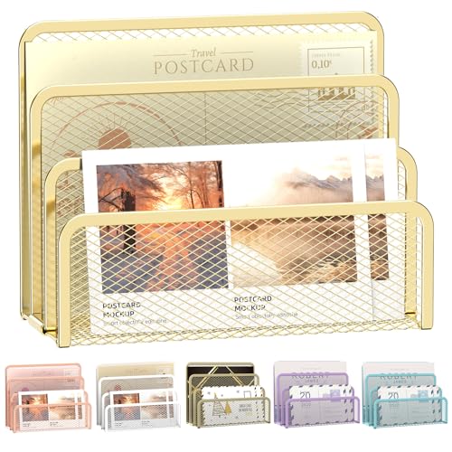 SUPEASY Mail Organizer for Desk, Mesh Metal Mail Holder Countertop with 3-Slot, Letter Sorter File Holder, Office Envelope Organizer for Mails (Gold) - color: Gold