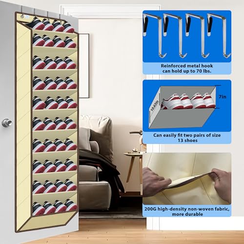 Over The Door Shoe Organizer, 70 Pounds Large Capacity, 20-30-Pair shoe organizer, Heavy Duty-Extra Deep Pockets ,Anti-Scratch Hooks & FSC-Certified Bamboo ,Engineered for Men’s Size 13 shoe,Beige - color: Beige