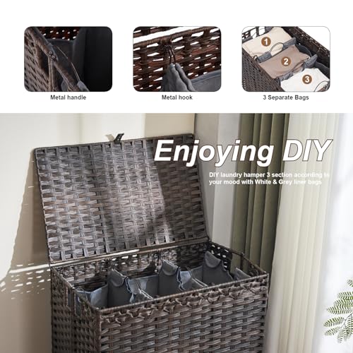 Laundry Hamper with Lid, 190L Large Laundry Basket 3 Section with 6 Removable Liner Bags & 3 Mesh Laundry Bags, Handwoven Rattan Clothes Hamper with Heightened Feet, No Install Needed, Brown - color: Brown