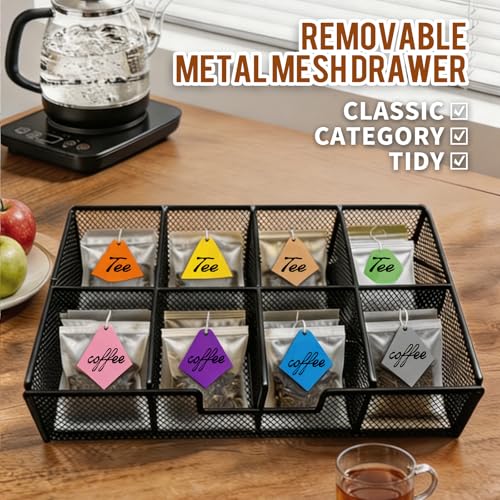 Tea Bag Organizer With Adjustable Drawer, Teabag Bar Holder Organizer For Counter, Wood ＆ Metal Station Storage Chest Display, Coffee Packet Containers Box For Countertop Kitchen Office Rustic Brown - color: Rustic Brown
