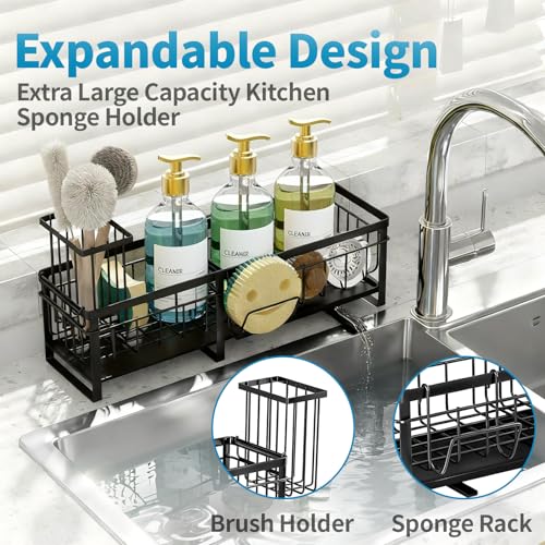 Aurblozen Extra Large Extendable Sponge Holder for Kitchen Sink, Rustproof Sink Caddy Organizer with High Brush Holder, Dish Soap Dispenser Organizers and Storage (Black) - color: Black