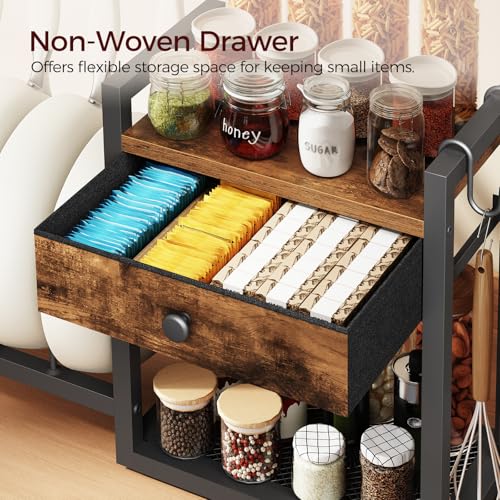 MAHANCRIS Countertop Shelf Organizer, Pots and Pans Organizer Rack, Pot Lid Holder with 1 Drawer, Pot Lid Organizer Holder with 2 Hooks, for Kitchen, Dining Room, Rustic Brown POHR2201 - color: Rustic Brown and Black