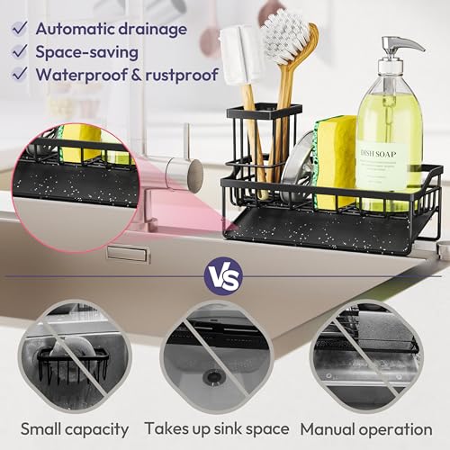 SWTYMIKI Sink Caddy Sponge Holder - Kitchen Sink Organizer with Stainless Steel Self Drain Tray & High Brush Holder for Countertop to Hold Dish Soaps and Sponges, Stainless Steel, Black - color: Black-Slope Drain, size: Medium