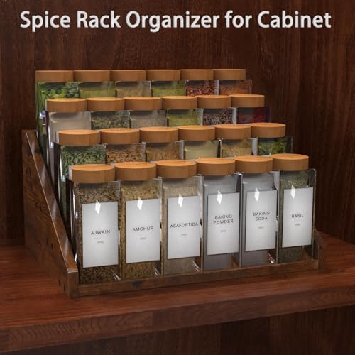 4 Step Spice Rack Organizer for Cabinet, Robust Wooden Display Riser Shelf Seasoning Organizer for Countertop Cupboard Pantry, Condiment Jar Kitchen Storage Holder Super Sturdy Stand, Rusitc Brown - size: 4-Tier