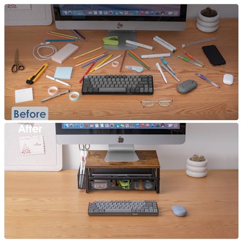 ARCOBIS Monitor Riser with Drawers and Pen Holders, Wood & Mesh Metal Computer Monitor Stand with Storage for Desk, Rustic Brown