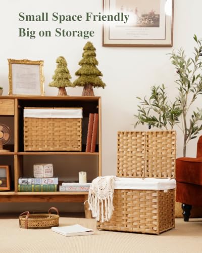 SETVSON Storage Basket with Lid Woven Wicker Baskets with 2 Separate Lid, 9.2 Gallon (35 L) Wicker Storage Bins with Handles, Foldable and 2 Removable Liner Bags for Bedroom, Laundry Room Natural - color: Natural, size: 35L-15.7L*11.8W*11.8H