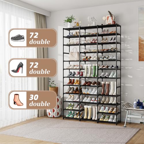 Ekisemio Shoe Rack Large Capacity 72 Pairs Tall Shoe Shelf, 3 Row 12 Tiers Sturdy Metal Shoe Organizer for Entryway, Closet, Bedroom, Black - size: 3 Row 12 Tiers