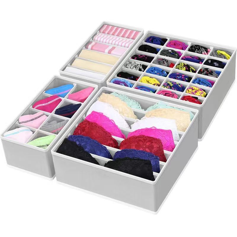4 Piece Drawer Organiser,Collapsible Non-Woven Sorting Box,Closet Divider For Underwear,Socks,Bras,Ties (Grey) - color: Grey