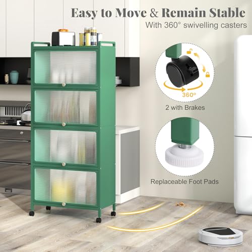 Giantex 5-Tier Kitchen Storage Cabinet, Mobile Microwave Stand with Flip-up PC Doors, Freestanding Kitchen Bakers Rack with 4 Rolling Casters, for Dining Room, Living Room and Study, Green - color: Green