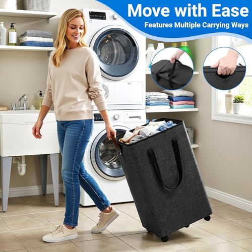Laundry Basket with 5 Wheels, Tall Dirty Laundry Hamper, Rolling Laundry Basket with Lid, Large 90L Collapsible Clothes Hamper for Laundry Room Bedroom Bathroom Dorm, Dark Gray - color: Deep Gray, size: 90L
