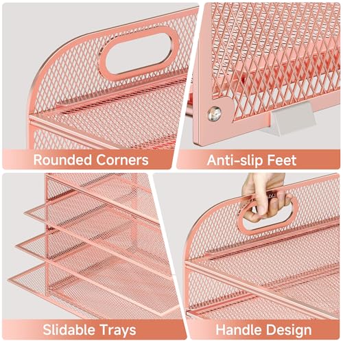 Paper Organizer Letter Tray with Handle Mesh 5 Trays Desk File Organizer Paper Sorter Desk Organizer for Office, Home or School-Rose Gold - color: Rose Gold, size: 12.6" x 9.1" x 13.4"