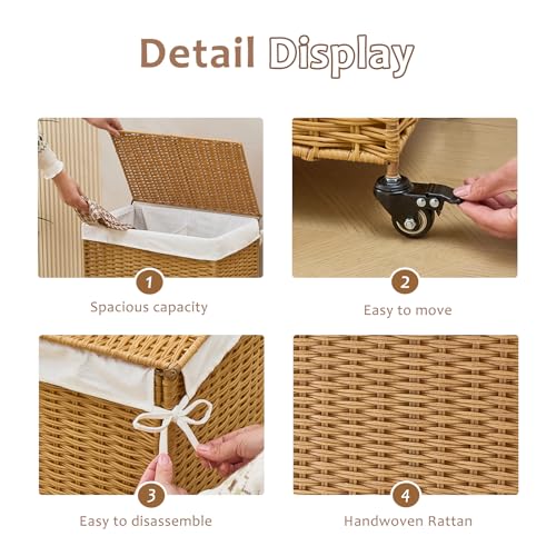 Handwoven Hamper with Lid, Laundry Basket with Wheels, Machine Washable Liner, 2 Section Clothes Hamper for Bathroom Laundry Room Bedroom, Rattan, 125L - color: Rattan/With Lid/125L