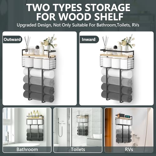 Xstydes Towel Racks for Bathroom, Metal Towel Holder with Storage Basket,Wall Towel Rack for Rolled Towels, Towel Storage for Small Bathroom. - color: Wood, size: Large