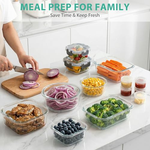 34-Piece Glass Food Storage Containers with Lids - (17 Containers & 17 Lids) - Airtight Glass Meal Prep Containers with Sauce Cups - Leakproof, BPA-Free, Microwave, Oven & Freezer Safe - Grey - color: Grey