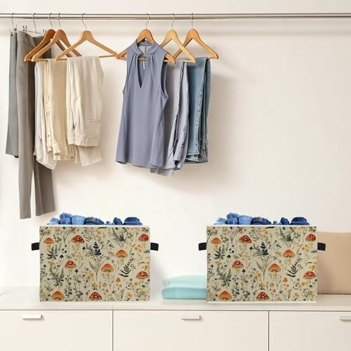 Rustic Mushroom Storage Box Bins, Cottagecore Wildflower Botanical Mushroom Collapsible Storage Basket Organizer for Bedroom Laundry Room Home Clothes Toys Books, Toybox for Kids - color: Floral A