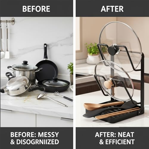 Pot Lid Holder While Cooking, 2-Tier Heavy Duty Pot Lid Organizer with Drip Tray & U-Shaped Groove, Multifunctional Storage Rack for Stove Top & Kitchen Countertop - Black