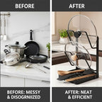 Pot Lid Holder While Cooking, 2-Tier Heavy Duty Pot Lid Organizer with Drip Tray & U-Shaped Groove, Multifunctional Storage Rack for Stove Top & Kitchen Countertop - Black