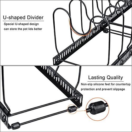 Toplife Pots and Pans Organizer Rack for Cabinet and Countertop, 10+ Pot Lids, Bakeware and Cookware Holder with 10 Adjustable Compartments - Black - color: Black, size: Pot & Pan Organizer
