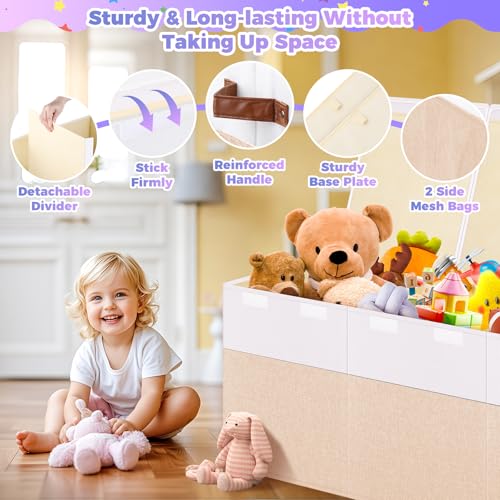 Extra Large Toy Storage Box with Lid, Collapsible Sturdy Toy Chest Storage Organizer Bin Basket with Divider for Kids, Boys, Girls, Closet, Playroom, Bedroom, Nursery, 40"X14"X16", Beige & White - color: Extra Large Beige & White