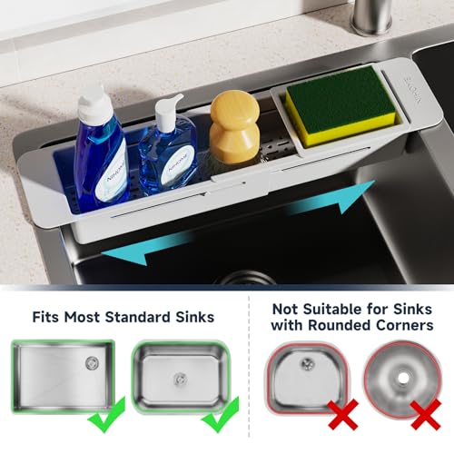 NiHome Extendable Over Sink Kitchen Organizer, Small Telescopic Brush Storage Rack for Sponge, Non-Slip Pads Expandable Sink Caddy, Adjustable Sponge/Brush Rack with Drainage Durable ABS (Gray) - color: Gray, size: Standard