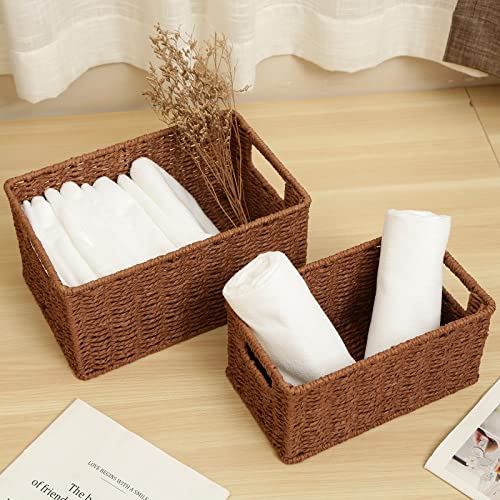 HOONEX Woven Baskets for Storage, Paper Rope Baskets with Sturdy Metal Wire Frame, Baskets for Shelves, Set of 2, Dark Brown - color: Dark Brown, size: 12 x 8 x 6 inches