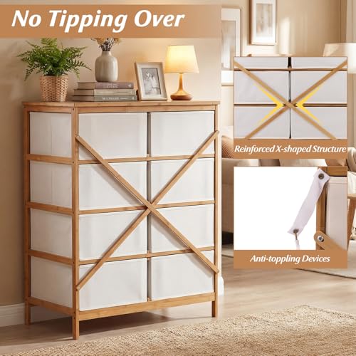 LOKO Fabric Dresser with 8 Drawers, Bamboo Storage Tower with Foldable Drawers & Top Shelf, Modern Chest of Drawers, Tall Vertical Organizer Unit for Closet, Living Room, Bedroom, Hallway - size: 16"D x 31.5"W x 37"H (8 Drawers)