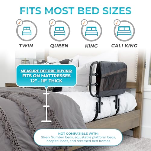 Stander EZ Adjust Bed Rail, Adjustable Senior Bedrail and Safety Assist Railing for Elderly Adults with Organizer Pouch, ASTM Safety Approved Guard-Rail, Black