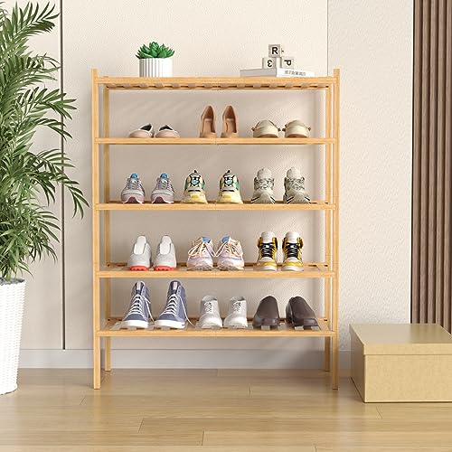 ROMGUAR CRAFT 5 Tier Bamboo Shoe Rack for Closet Free Standing Wood Shoe Shelf for Entryway Small Space Stackable 27"x11"x33" (Natural) - color: Natural, size: 5 tier