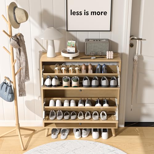 Fsbecl Shoe Storage Cabinet for Entryway with 2 Flip Drawers, Narrow Wood Shoe Cabinet with Fluted Panel, Freestanding Hidden Shoe Organizer for Foyer, Hallway (Wood Color) - color: Wood Color - With Shelf