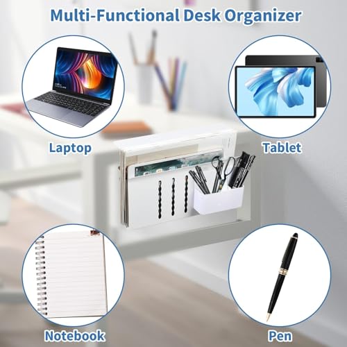 Desk Side Storage, Desk Laptop Holder with Magnetic Pen Holder, No Drill Desk Side Organizer for Office and Home Fits Flat Edge 0.3" to 2.3" - color: White