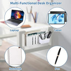 Desk Side Storage, Desk Laptop Holder with Magnetic Pen Holder, No Drill Desk Side Organizer for Office and Home Fits Flat Edge 0.3" to 2.3" - color: White