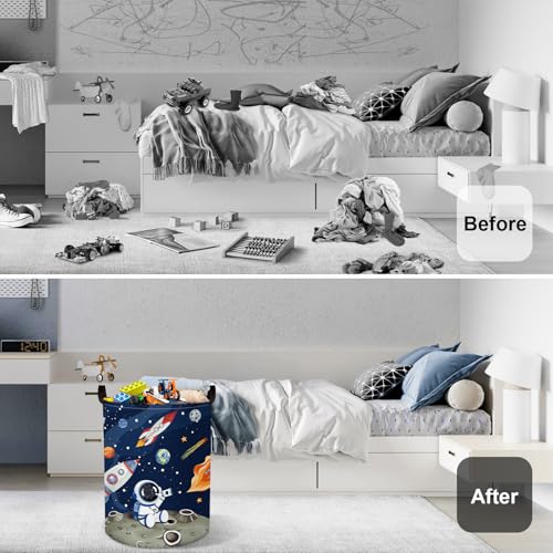Space Rockets Laundry Hamper Cartoon Astronaut Large Storage Basket Planet Collapsible Parents Organizer Boys Clothes Toy Bins for Bedroom, Bathroom, Blue, 63L - color: Blue, size: 63L