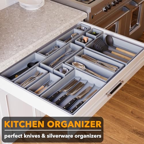 SpaceAid 14-Piece Bamboo Drawer Organizer Storage Boxes Set, Wood Tray Junk Drawer Organizers Multi-Use Divider Bins for Kitchen, Bathroom, Office Desk and Makeup Organization (14 Pack, Gray) - color: Gray