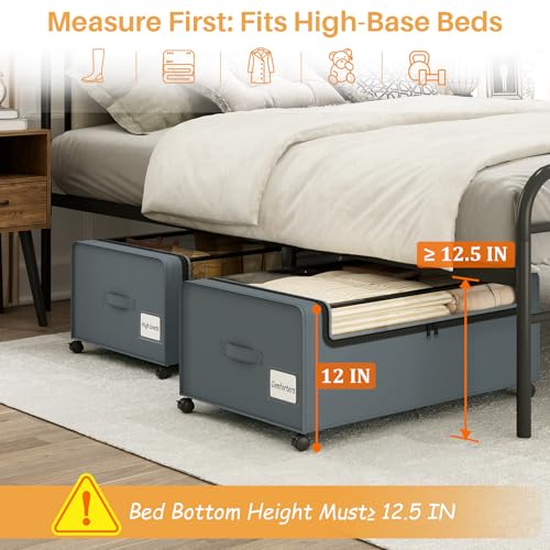 Webetop 12 inch Under the Bed Storage Bins with Clear Lid, Under Bed Storage Containers with Wheels for Underneath Small Spaces Dorms, Blankets (2 Pack, Grey, 30.7"x17.3"x12") - color: Grey, size: 12 inch height