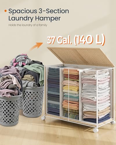 SONGMICS HOME Laundry Hamper with 3 Section, Large 140 L Rolling Laundry Basket with Wheels, Rattan Clothes Basket with Lid, Removable Liner with Handles, Natural Beige and Matte White ULCB602N01 - color: Natural Beige + Matte White, size: 140 L
