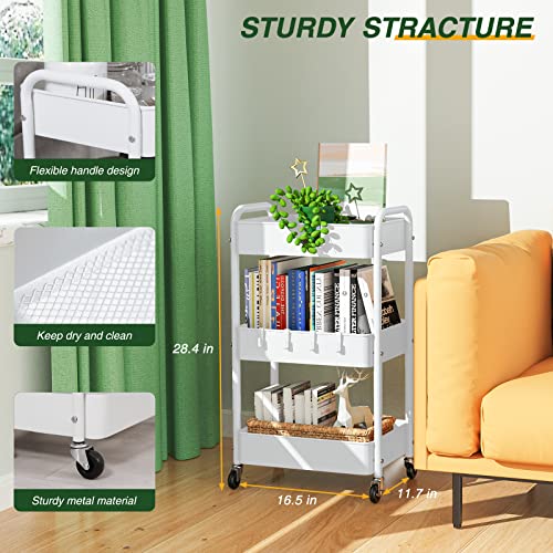LEHOM 3 Tier Rolling Storage Cart, Metal Trolley Utility Cart with Wheels & Hooks, Easy Assembly Organizer Storage Cart for Bathroom Kitchen Office Bedroom - color: White