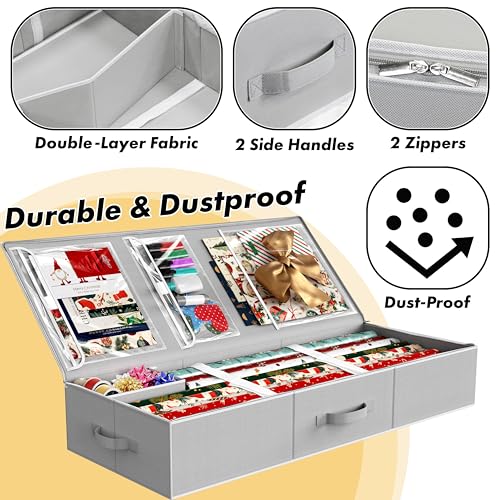 Simple Houseware 41.5" Wrapping Paper Storage Organizer - Fits 40 Rolls with Adjustable Straps, Interior Divider for Ribbons & Bows, 3 Clear Pockets for Gift Bags & Tools, 41.5''L x 16''W, Gray - color: Gray