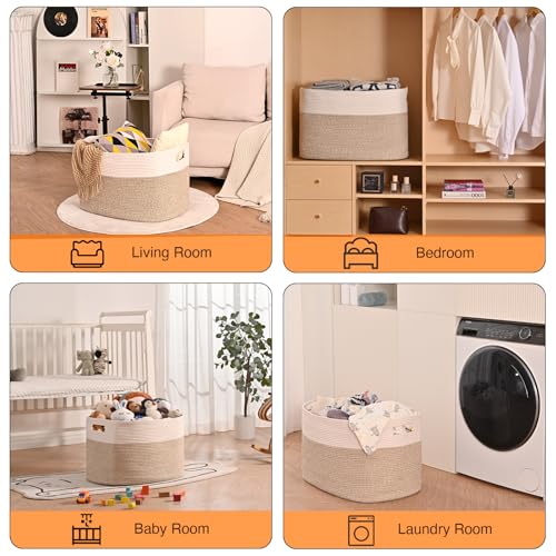 ICERZCZ Extra Large Blanket Basket for Living Room, Rectangle Woven Cotton Rope Storage for Blankets, Toys, Clothes, Shoes, 25”x16”x16”, Off White & Brown, 108L - color: Off White & Brown, size: 25”x16”x16”