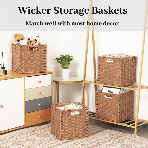 DULLEMELO Wicker Storage Cubes - Foldable Wicker Baskets Set of 4, 11x11x11 inch for Organizing Closet, Clothes, Toys - Brown - color: Woven-Brown, size: 11"-4 pack