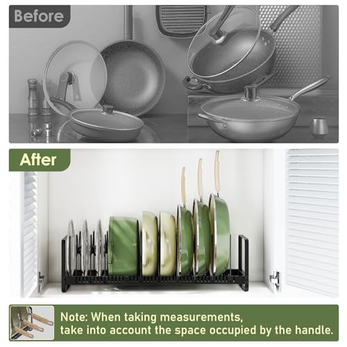 MUDEELA Pot Rack Pan Organizer inside Cabinet - Expandable Pot Lid Organizer for Cabinet with 12 Adjustable Dividers, Cutting Board Organizer Holder Baking Rack Kitchen Cabinet Storage Organization - style: 12 Dividers-Upgrade
