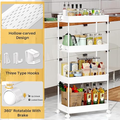 SPACEKEEPER Storage Cart, 4-Tier Mobile Shelving Unit, Bathroom Rolling Cart Utility Storage Organizer Shelf for Kitchen Living Room Bathroom Laundry Room & Dressers, White - color: White, size: 4 Tier
