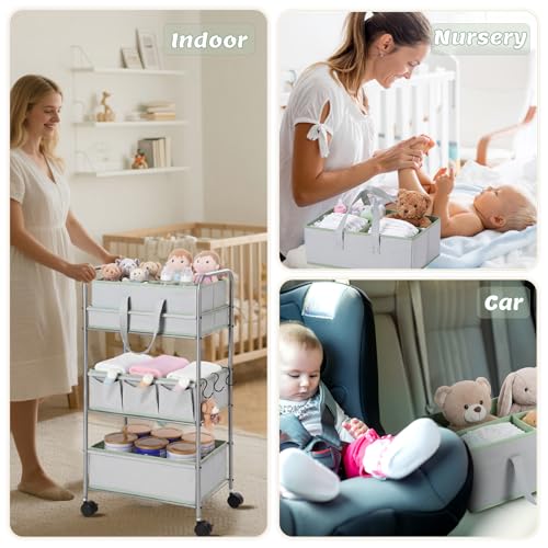 FoldTier 2in1 Colorful Baby Diaper Caddy Organizer Cart 3 Tier Large Capacity Metal Utility Bedside Rolling Cart with Divider for Newborn Nursery Essential Must Have Crib Bedroom Baby Shower(Green) - color: Green