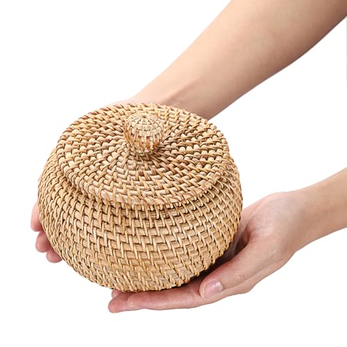 Hipiwe Round Rattan Basket Boxes With Lid Hand-Woven Wicker Storage Baskets Bin Decorative Basket Box Multi-Purpose Picnic Food Bread Basket Small Keys Basket Bowl for Entryway (X-Small,4.7"x3.3") - size: X-Small,4.7"x3.3"
