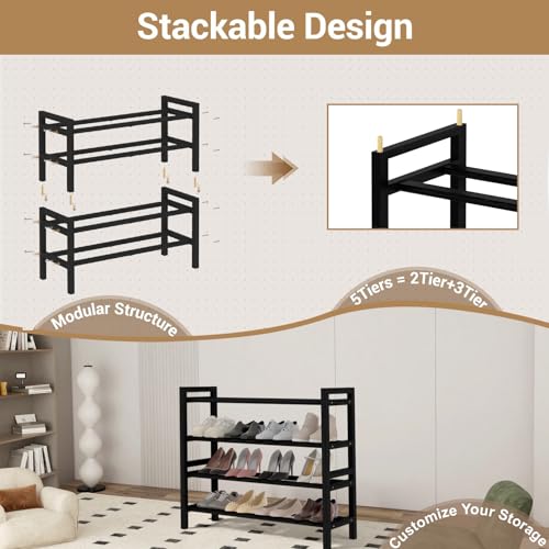 Haddockway Bamboo Shoe Rack for Closet, Free Standing Shoe Organizer with Smooth Round Rods & Convenient Handles, Stackable Shoe Storage Shelf for Entryway, Hallway(Black, 4-Tier) - color: Black, size: 4-Tier_Standard