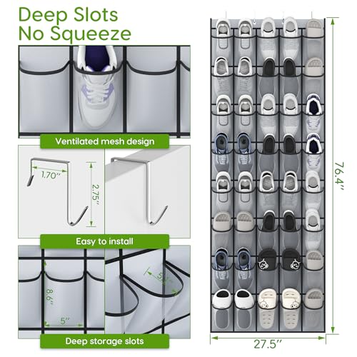 Unjumbly Over the Door Shoe Organizer with 40 Large Breathable Mesh Pockets, Space Saving Shoe Holder, Hanging Shoe Rack for Entryway Bedroom Closet Storage (Grey, 80 Pockets) - color: Grey, size: 80 Pockets