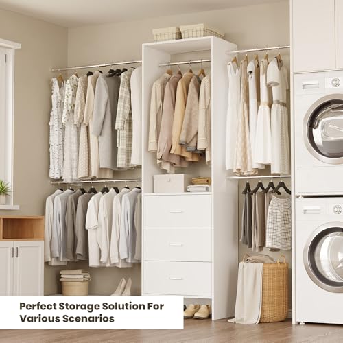 COSIEST Closet System, Closet Organizer with Drawers and Expandable Hanging Rods, Closet Organizer System, Walk-in Closet Wardrobe Clothes Rack, I Shaped