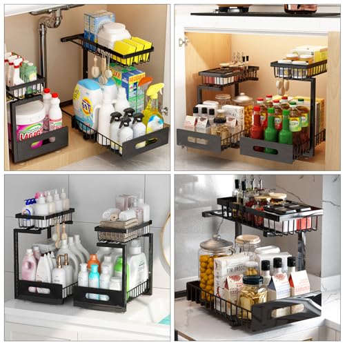 Adoymiro Under Sink Organizer, Adjustable Shelves, 2 Pack Pull Out Cabinet Organizer Slide Out Sink Shelf Cabinet Storage Shelves, Under Sink Storage for Kitchen Bathroom Cabinet