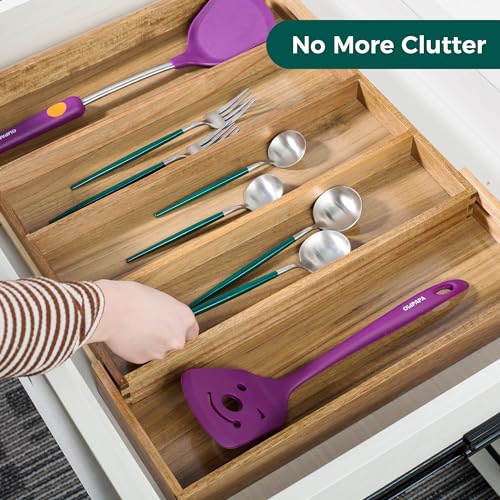Utoplike Acacia Kitchen Drawer Organizer Expandable, Large Utensils and Cutlery Tray, Adjustable Silverware Divider for Knives Flatware - color: Acacia, size: Large