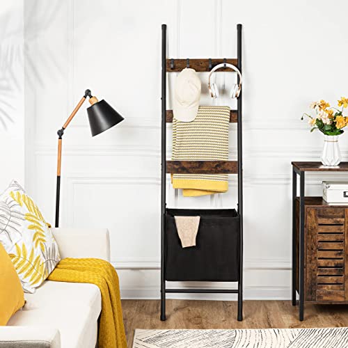 HOOBRO Blanket Ladder with Basket, 17.3”L x 63.4”H, Towel Rack with Hooks, Blanket Holder Rack, Decorative Ladder Shelf, Drying and Display Rack for Bathroom, Living Room, Rustic Brown BF31CJ01 - color: Rustic Brown